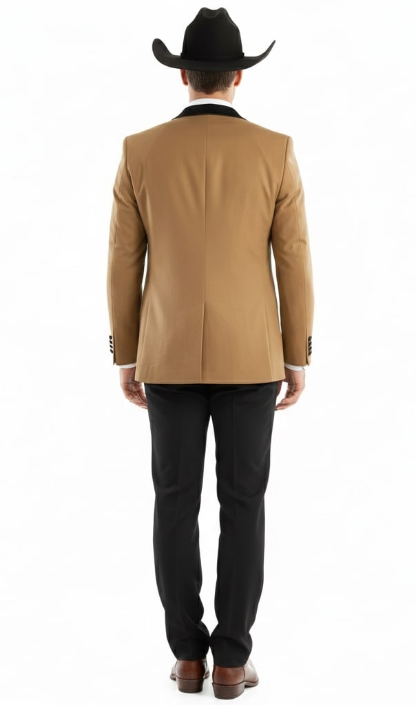 Mens Western Cowboy Tuxedo  Tan and Black 3-Piece Suit with Satin Lapel and Vest in Mocca Coffee Color