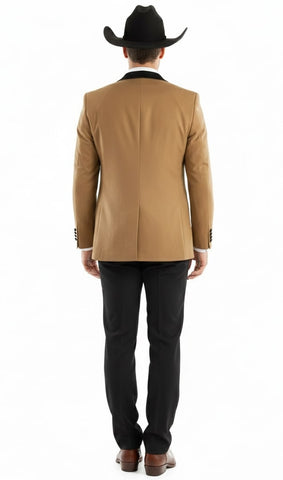 Mens Western Cowboy Tuxedo – Tan and Black 3-Piece Suit with Satin Lapel and Vest in Mocca Coffee Color