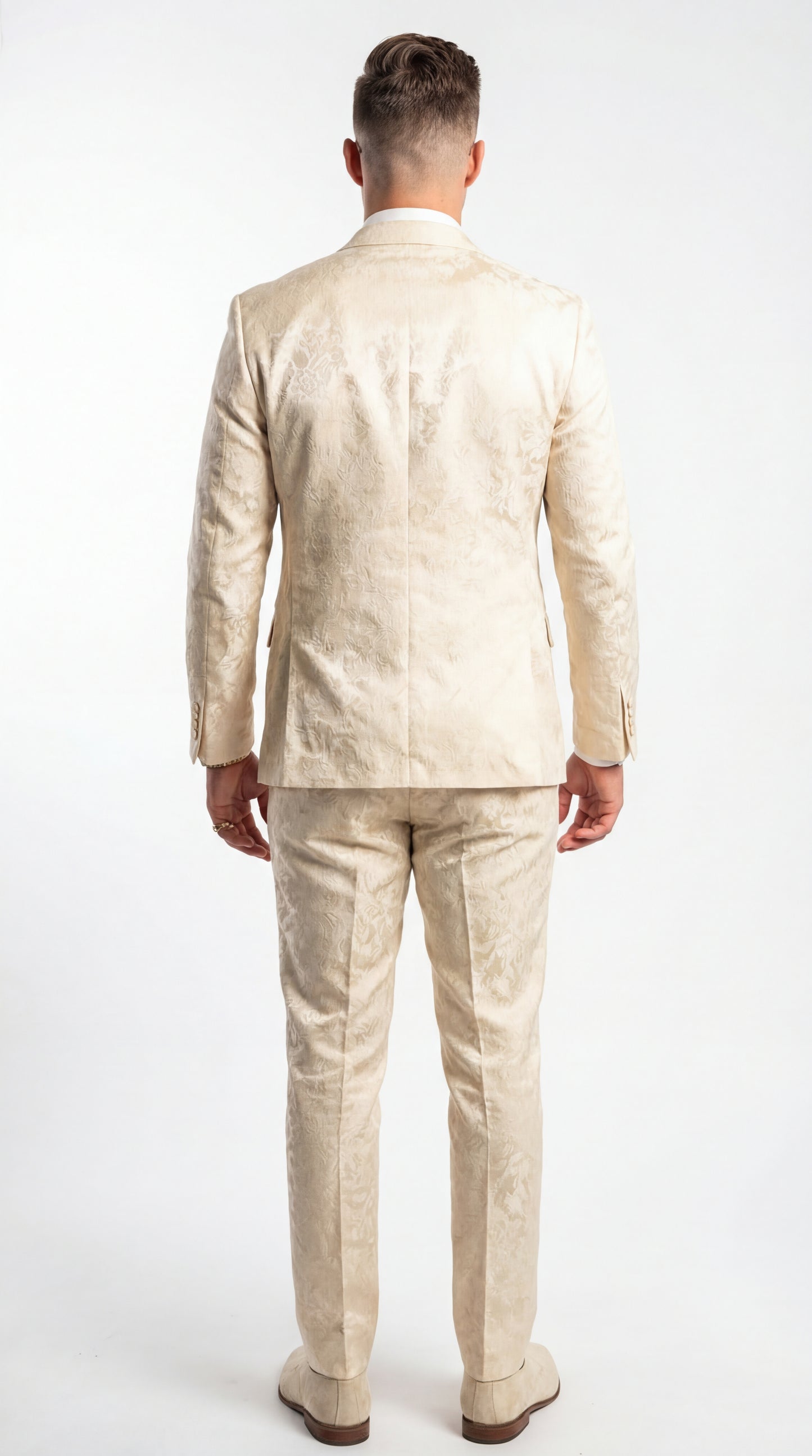 Mens 2 Button White with Gold Foil Floral Paisley Prom and Wedding Tuxedo