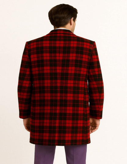 Mens Red and Black Plaid Wool Overcoat  Tartan Texture Fabric Christmas Carcoat