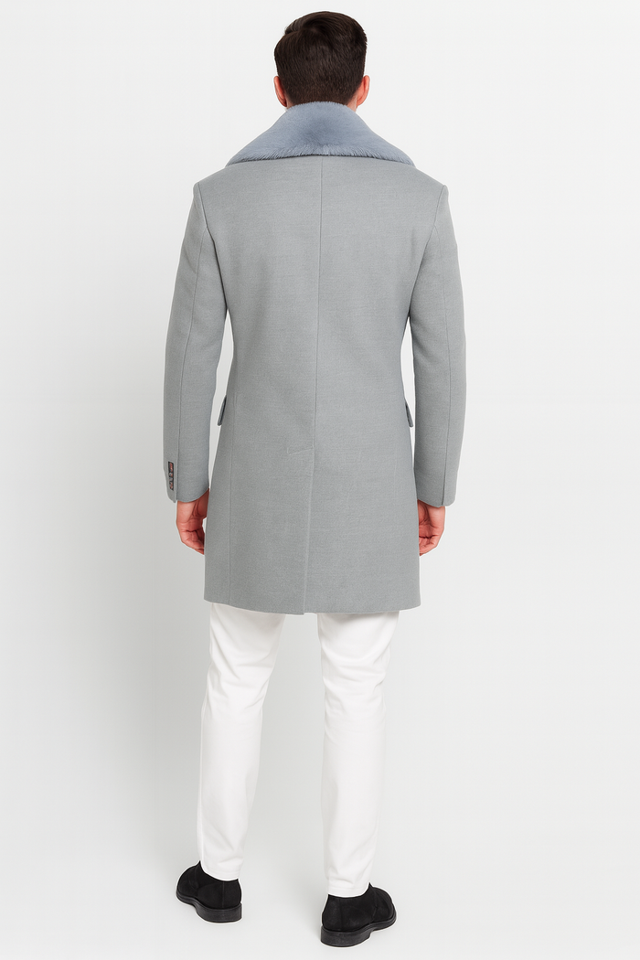 Mens Light Grey Double Breasted Overcoat with Faux Fur Shawl Collar  Winter Luxury Coat Wool Fabric