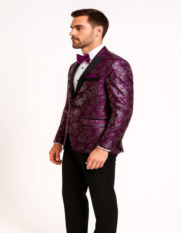 Men's Pinkish ~ Purple Paisley Tuxedo Jacket with Black Satin Lapel  Formal Prom and Wedding Blazer in Meganta Color
