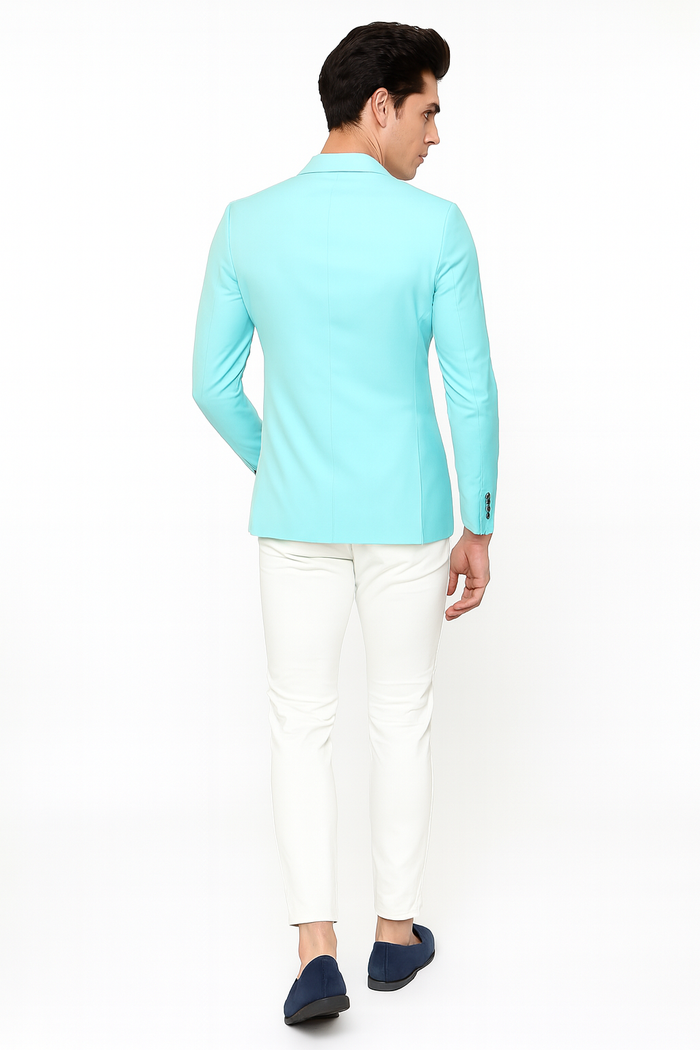 Men's Aqua Blazer - Slim Fit One Button Suit Jacket with Stylish Floral Inner Lining - Light Turquoise