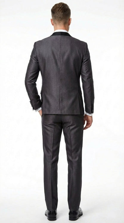 Men’s Shiny Sateen Charcoal Gray Tuxedo Three Piece Suit with Black Shawl Lapel | Formal Wedding Prom Suit Sharkskin
