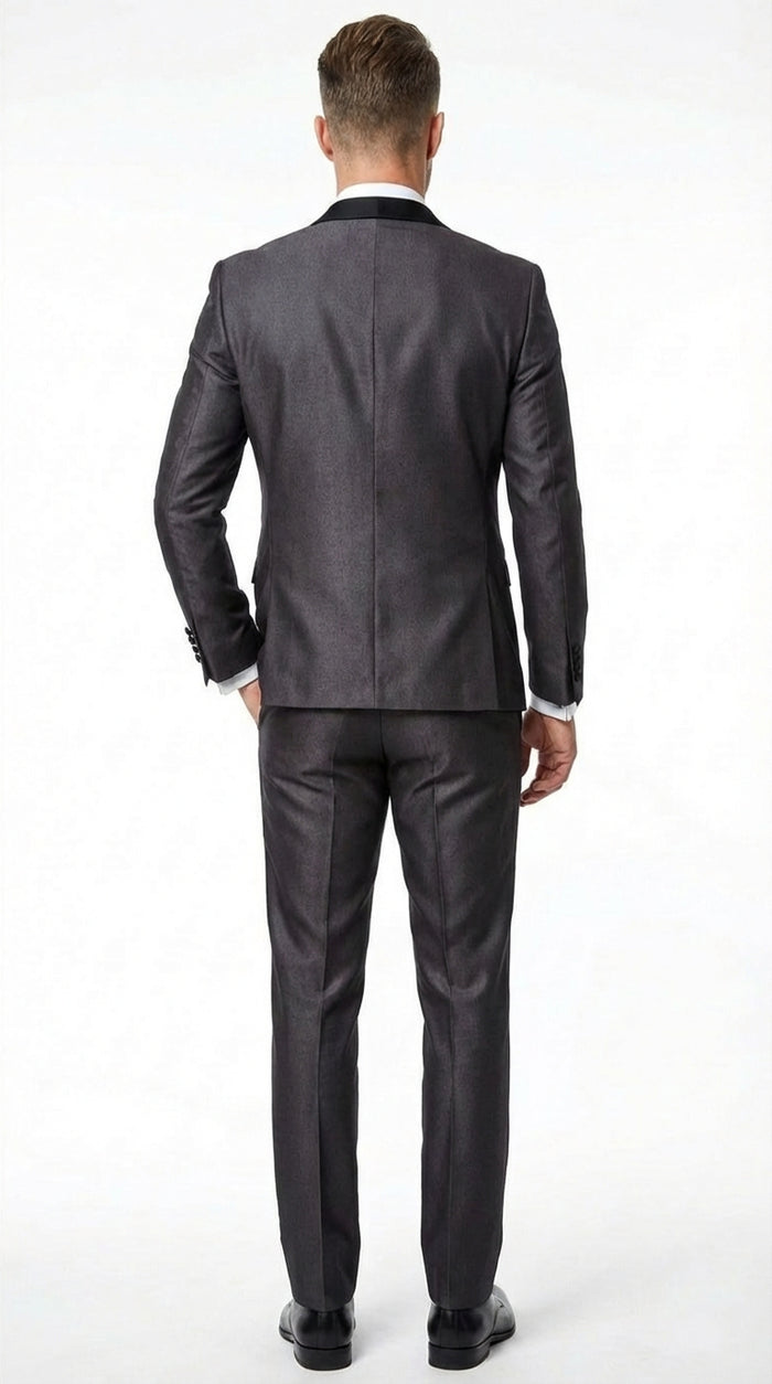 Men’s Shiny Sateen Charcoal Gray Tuxedo Three Piece Suit with Black Shawl Lapel | Formal Wedding Prom Suit Sharkskin