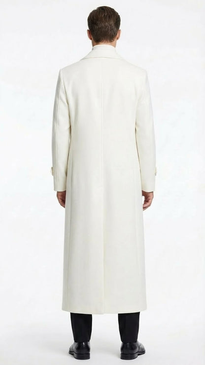 Mens Off-White Long Trench Coat – Overcoat with Classic Clean Design Duster Maxi Coat in Ivory Color