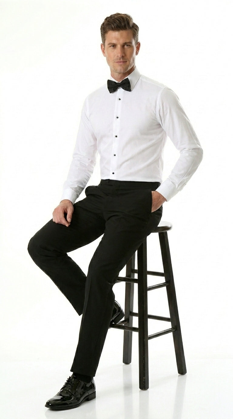Men’s White Spread Collar Tuxedo Shirt with Plain Front, Formal Wedding Dress Shirt