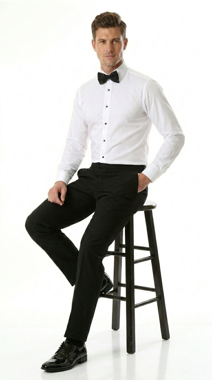 Men’s White Spread Collar Tuxedo Shirt with Plain Front, Formal Wedding Dress Shirt