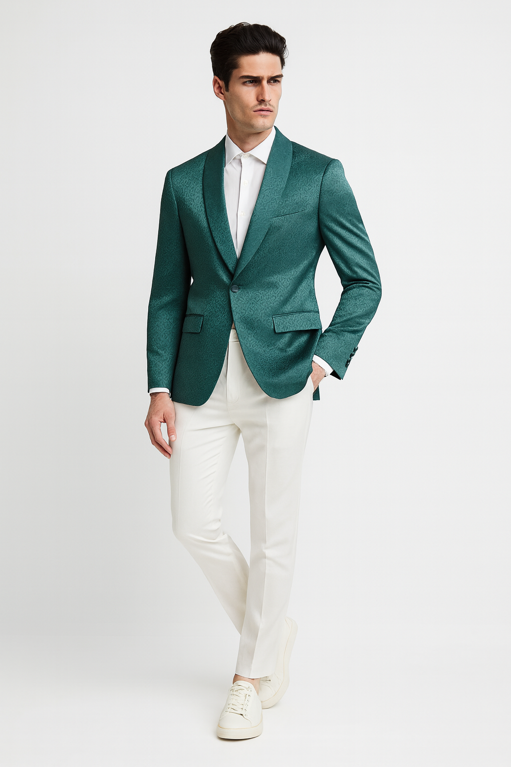 Mens Teal Green Floral Jacquard Blazer  Slim Fit Tuxedo Jacket for Weddings, Proms, and Parties