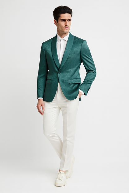 Mens Teal Green Floral Jacquard Blazer  Slim Fit Tuxedo Jacket for Weddings, Proms, and Parties