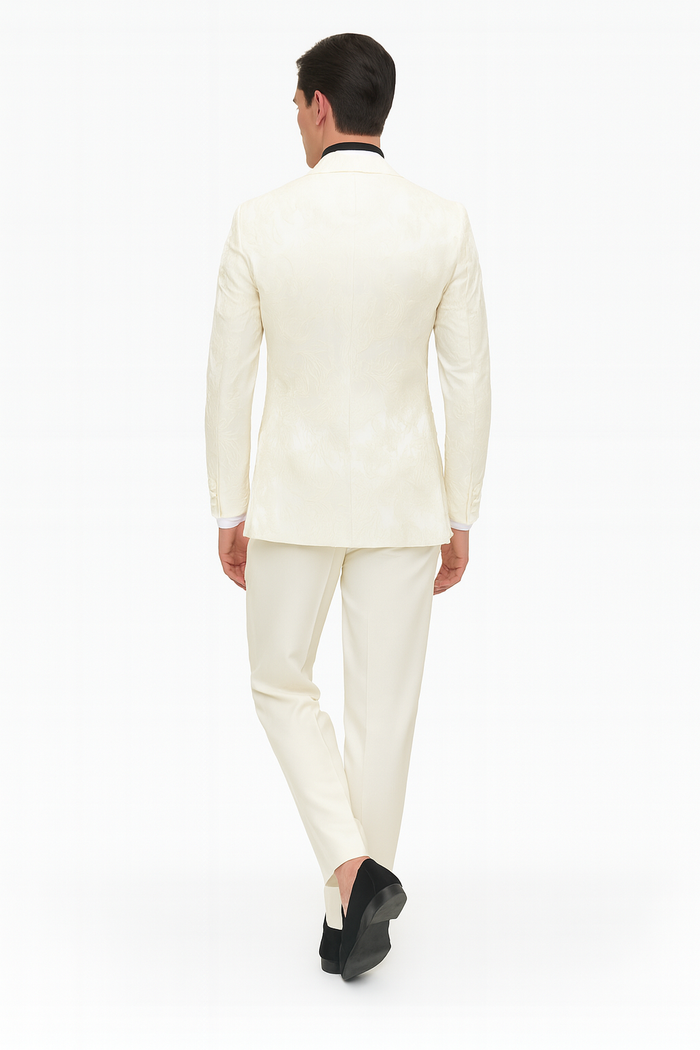 Mens Ivory Floral Embroidered Tuxedo Jacket  Elegant Wedding and Party Blazer in Cream Color With Ivory Pants