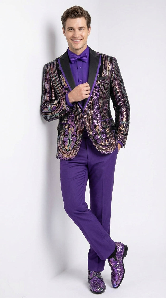Mens Mardi Gra Black and Purple and Gold Sequin Tuxedo Jacket Set – Designer with Floral Pattern Jacket Formal Wedding Party Wear Bowtie