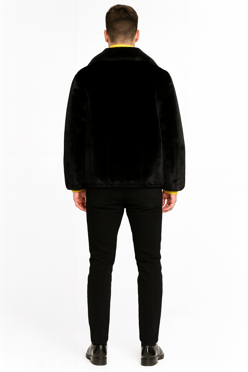 Mens Black Faux Fur Jacket  Luxury Winter Zip-Up Coat with Soft Plush Finish