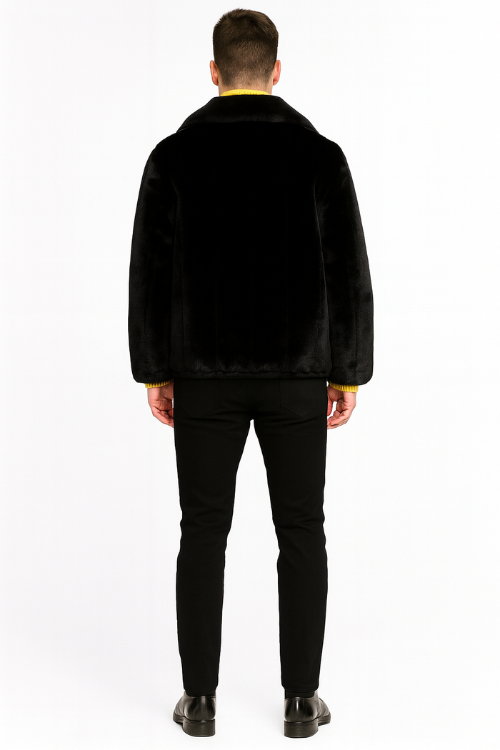 Men's Black Faux Fur Jacket - Luxury Winter Zip-Up Coat with Soft Plush Finish