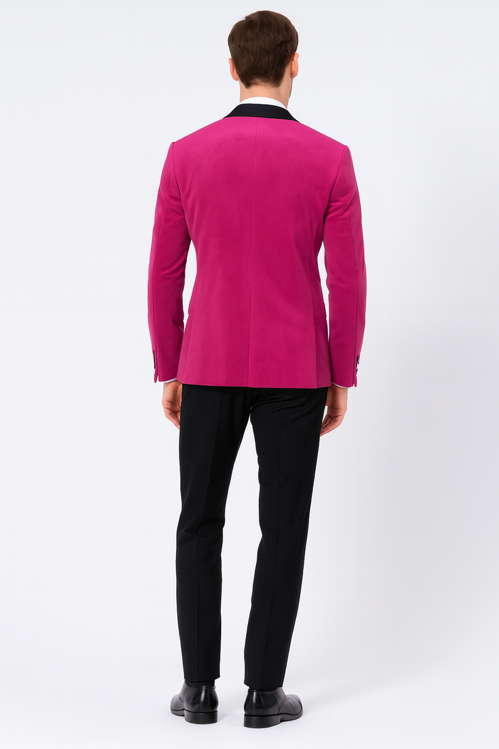 Men's Fuchsia Tuxedo Blazer with Black Satin Lapel - Stylish Party and Wedding Jacket in Hot Pink Color with Black Pants