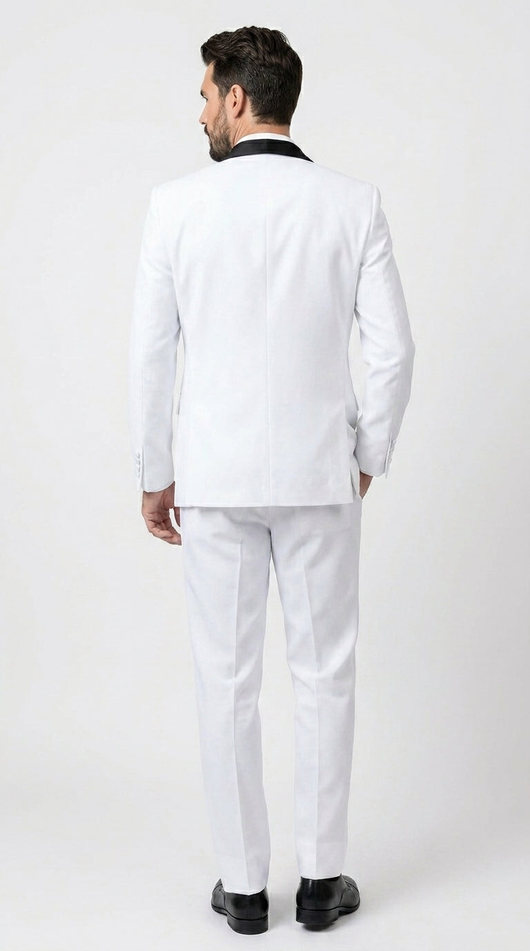 Men’s White and Black Classic Microfiber Shawl Tuxedo with Jacket and Pants, Formal Wedding Suit