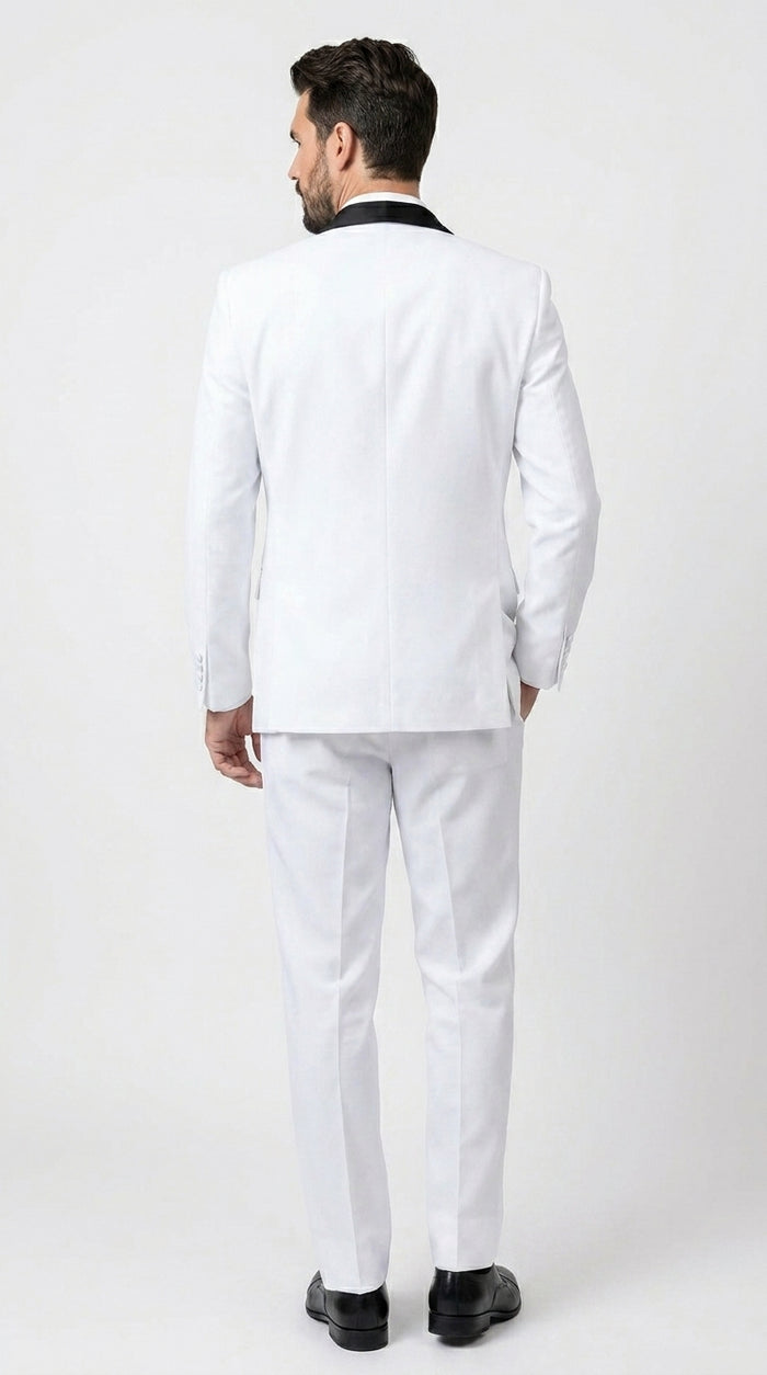 Men’s White and Black Classic Microfiber Shawl Tuxedo with Jacket and Pants, Formal Wedding Suit