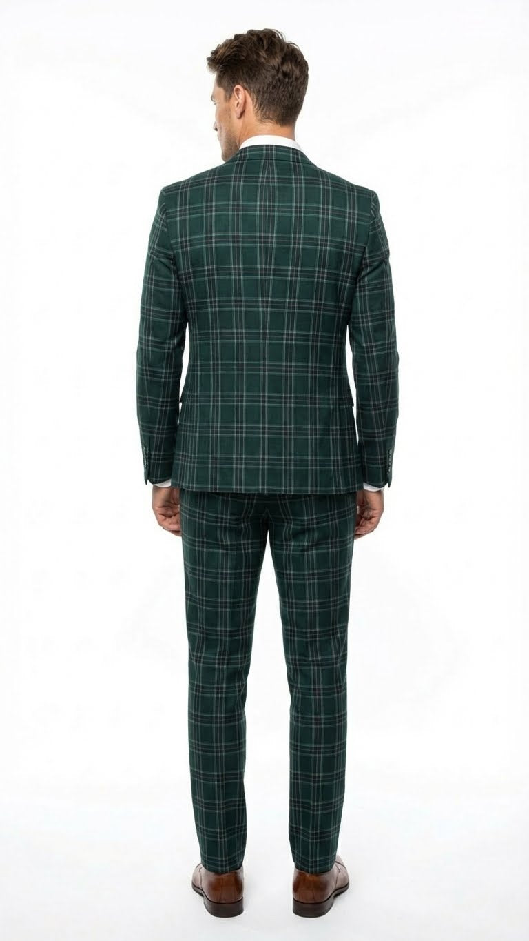 Men's Dark Green Plaid 3 Piece Suit – Checkered Suit Set for Wedding, Windowpane Tartan Fabric - Ultra Slim Fit