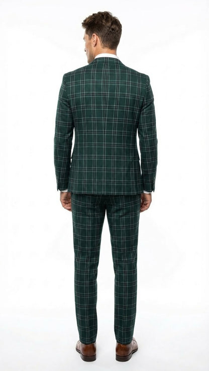 Men's Dark Green Plaid 3 Piece Suit – Checkered Suit Set for Wedding, Windowpane Tartan Fabric - Ultra Slim Fit