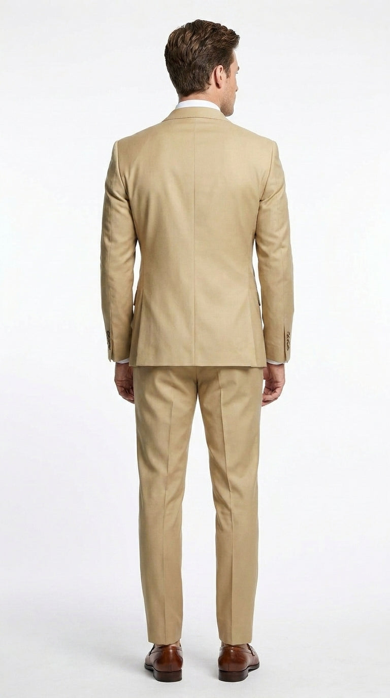 Mens Designer Modern Fit Double Breasted Designer Camel Gold Buttons Suit