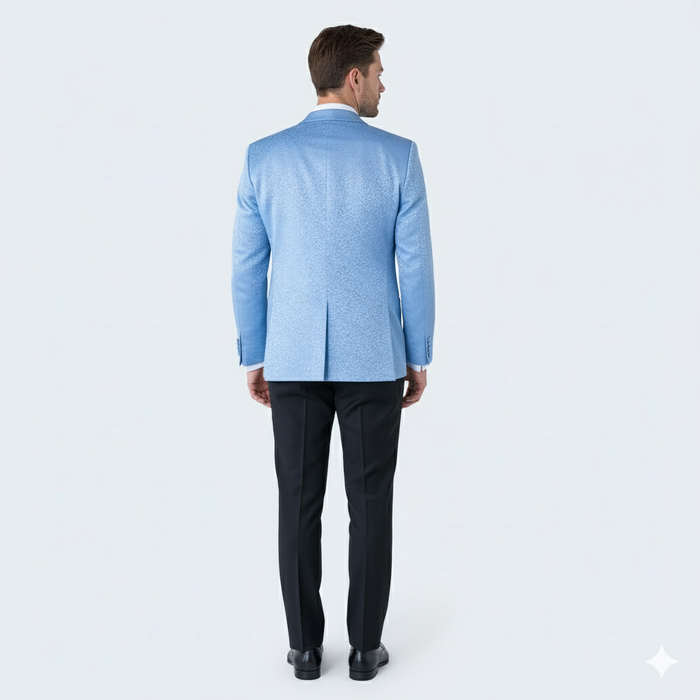 Mens Light Blue Paisley Tuxedo Jacket  Elegant Satin Shawl Lapel Dinner Blazer for Weddings, Proms in Sky Powder Blue Color Bowtie