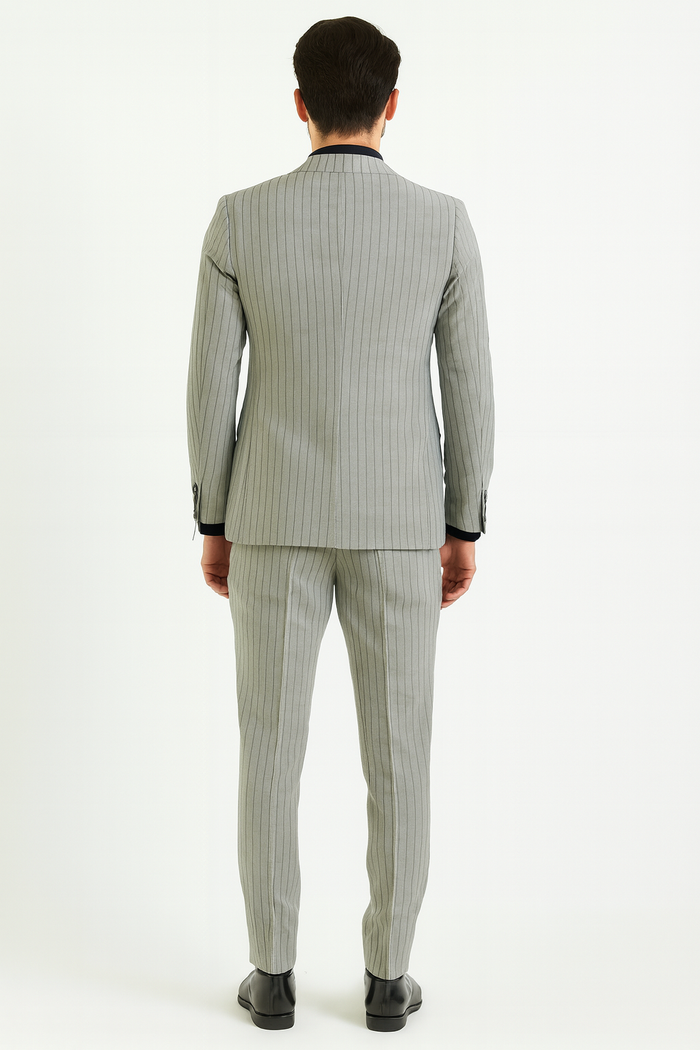 Mens 3-Piece Light Grey Pinstripe Suit with Vest  Classic Business, Wedding, and Formal Attire