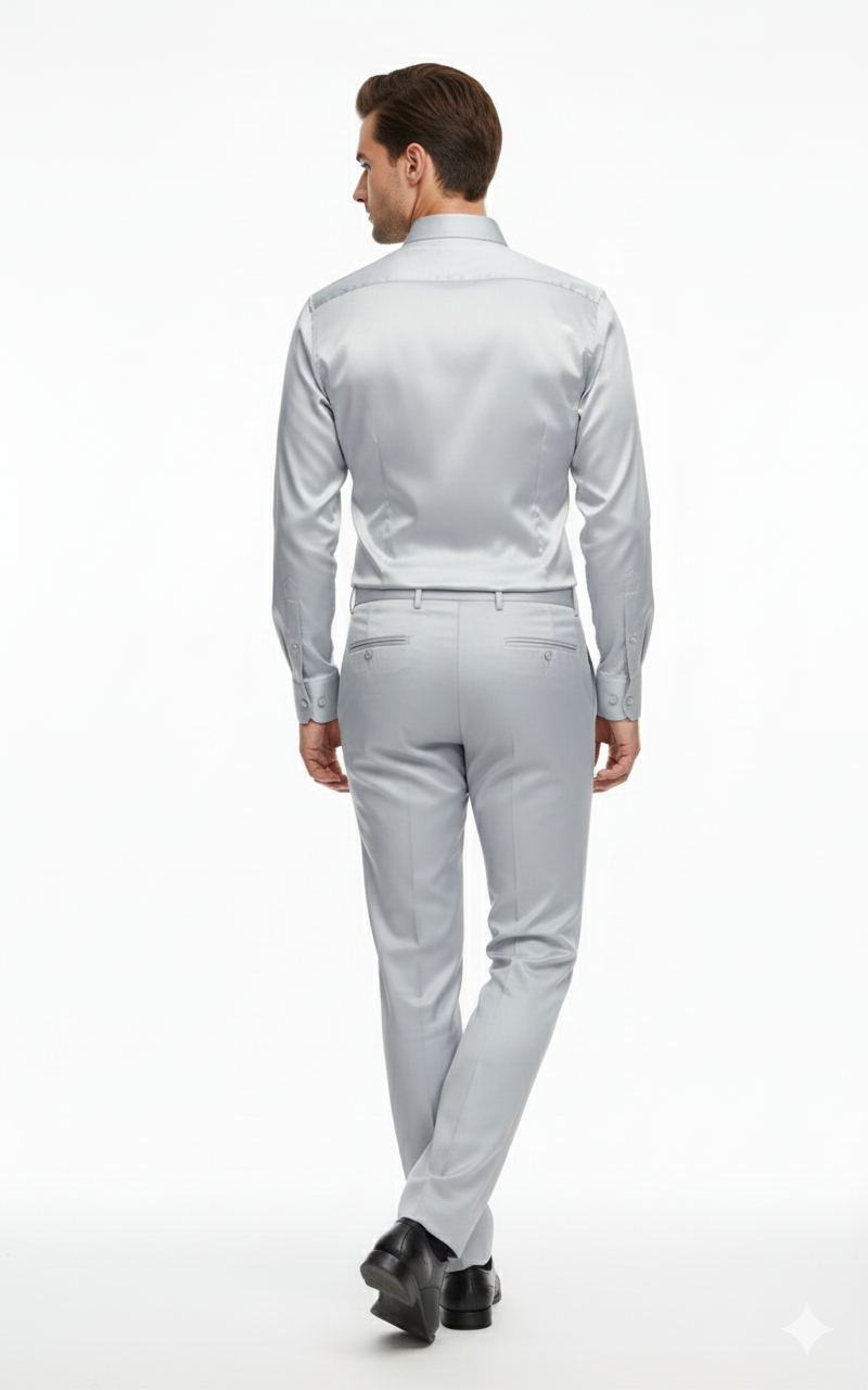 Mens Silver Satin Dress Shirt and Pants Set  Luxury Slim Fit Outfit for Parties, Weddings, and Formal Events