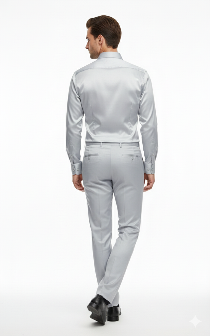 Mens Silver Satin Dress Shirt and Pants Set  Luxury Slim Fit Outfit for Parties, Weddings, and Formal Events