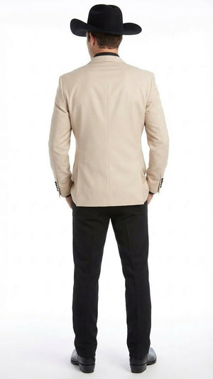 Men's Light Tan and Black Lapel Western Tuxedo Suit Set Wedding Party Cowboy Dress Tuxedo Black Pants