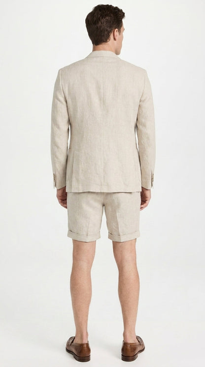 Men’s Tan Linen Suit with Shorts, 2 Piece Summer Short Suit, Casual Beach Wedding Outfit