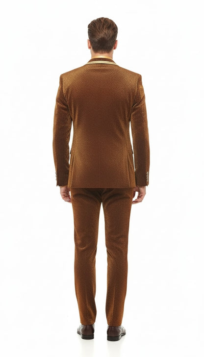 Mens Bronze Shiny Velvet Suit  Designer Party and Wedding Wear Blazer and Pant Set Brown and Gold Tuxedo