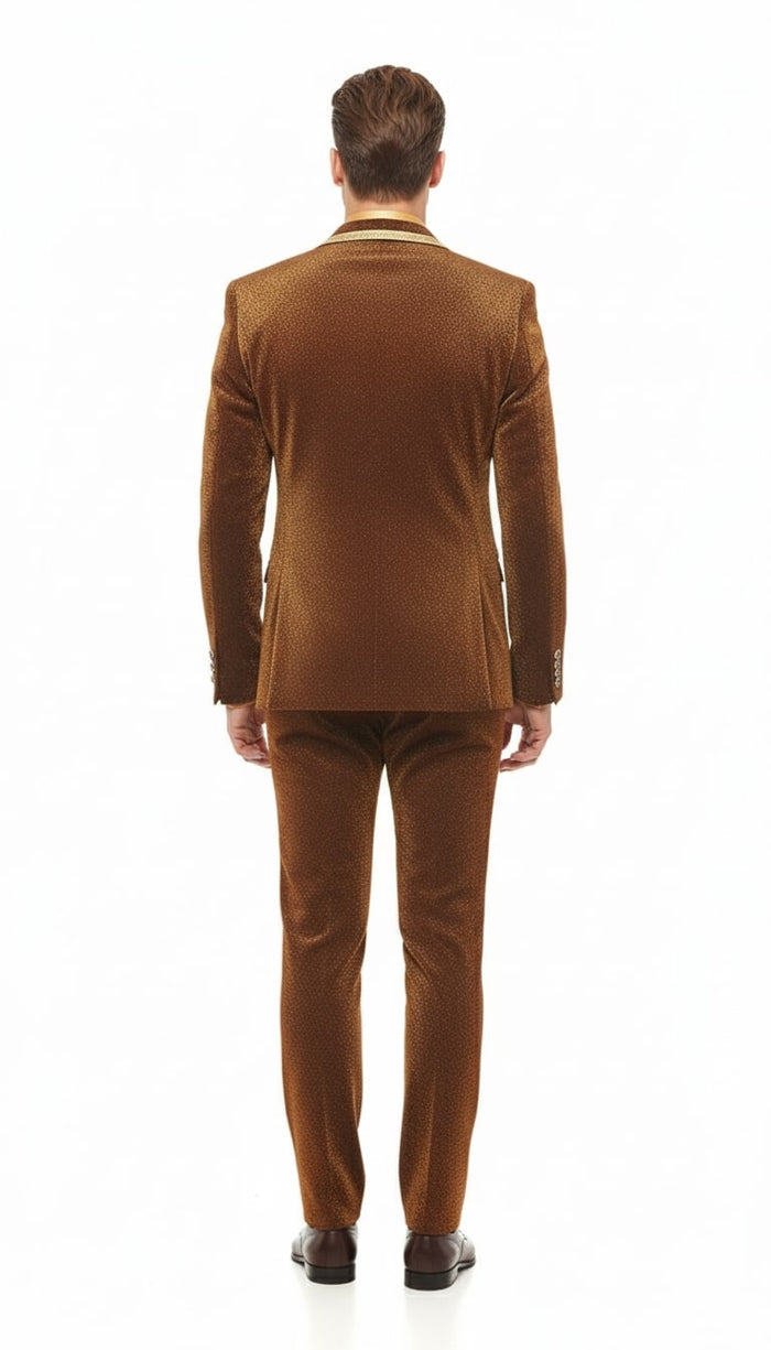 Mens Bronze Shiny Velvet Suit  Designer Party and Wedding Wear Blazer and Pant Set Brown and Gold Tuxedo
