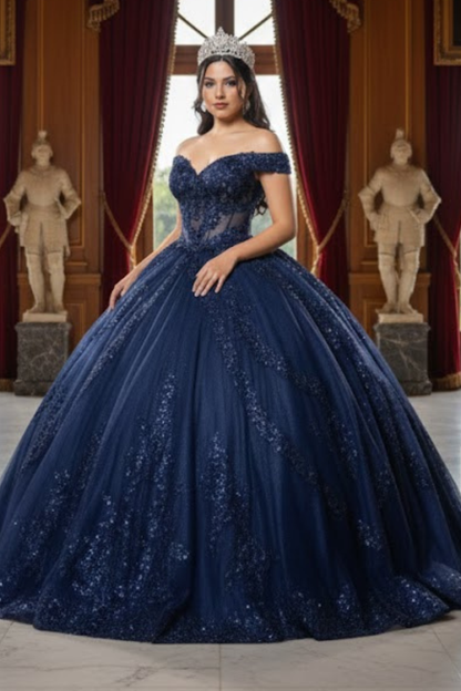 Off the Shoulder Quinceañera Ball Gown with Sequins 3D Floral Lace Sweet 16 Dress by Layla K LK285