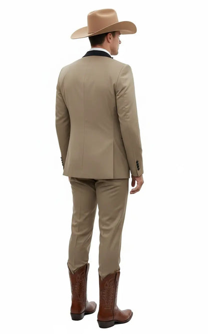 Men’s Western Cowboy Suit – 3-Piece Tan Tuxedo with Black Lapel, Vest, and Pants Beige  Color