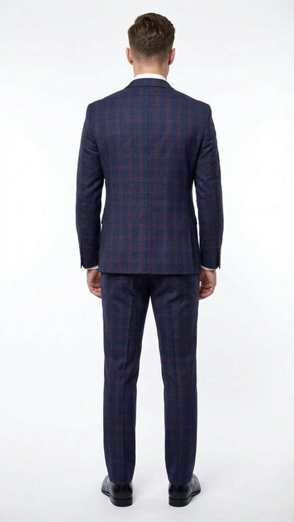 Mens Navy Blue and Burgundy Checkered Two-Piece Suit Plaid Windowpane  Flat Front Pants or Pleated Wide Leg Pants - 100% Wool