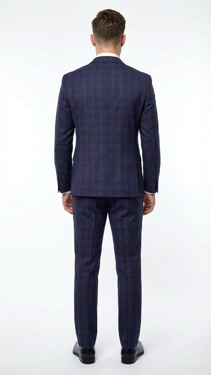 Mens Navy Blue and Burgundy Checkered Two-Piece Suit Plaid Windowpane  Flat Front Pants or Pleated Wide Leg Pants - 100% Wool