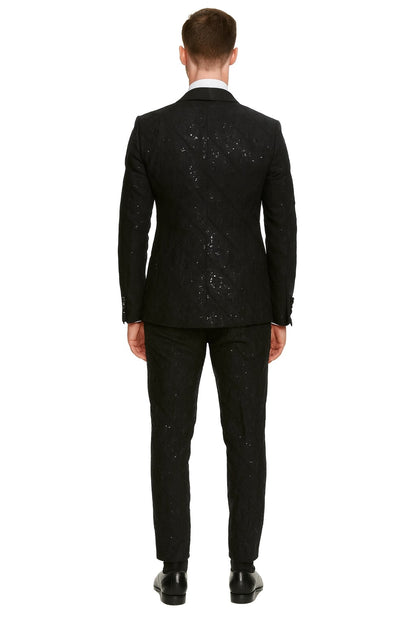 Black Sequin Tuxedo Suit with Satin Shawl Lapel  Mens Slim Fit Formal Prom and Wedding Attire