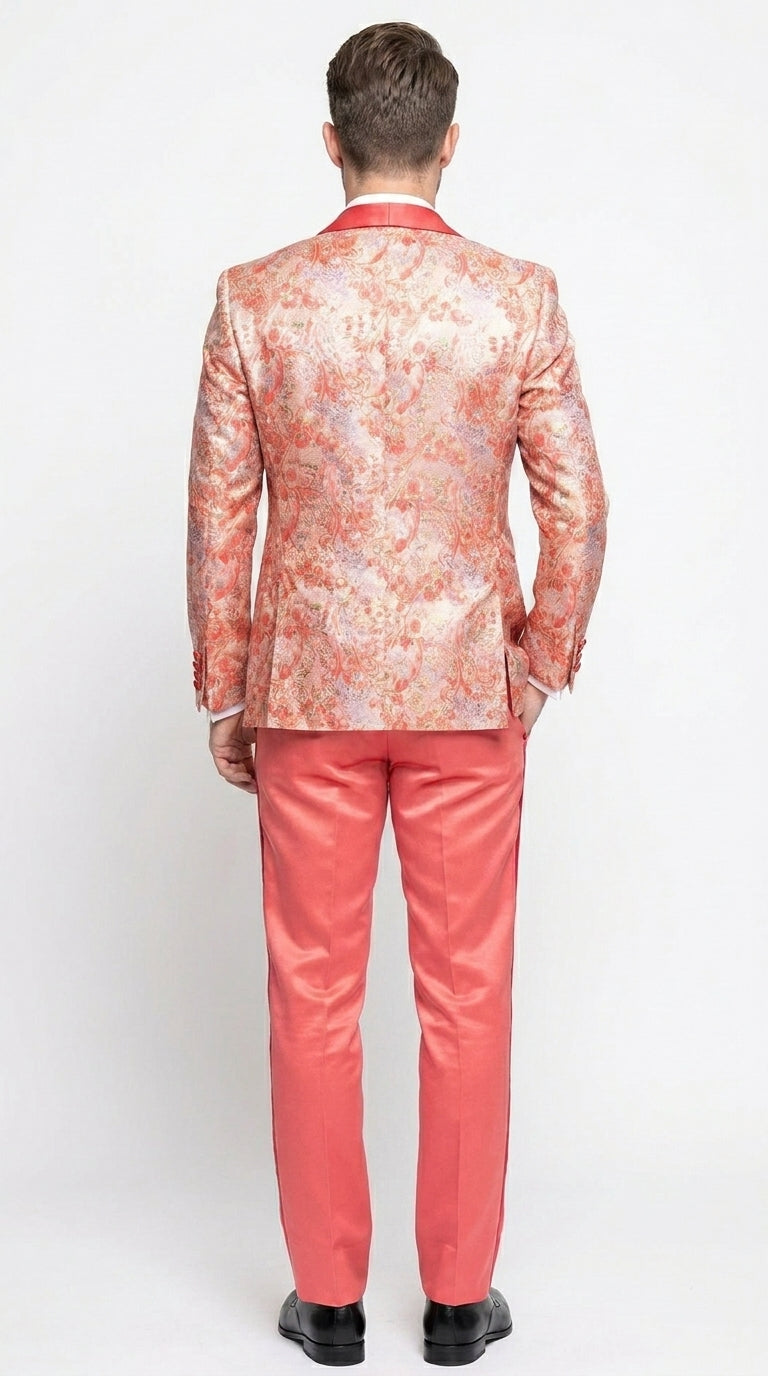 Men's One Button Paisley Wedding Tuxedo with Double Breasted Vest in Coral Orange