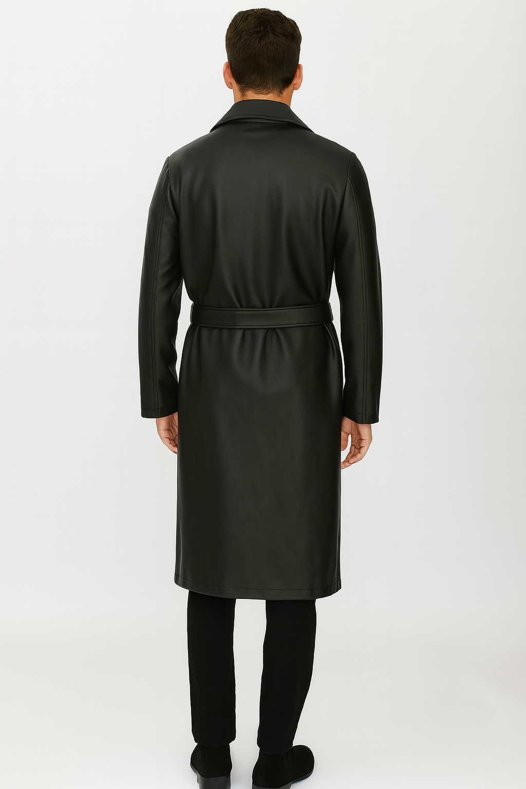 Men’s Black PU Belted Trench Coat – Long Leather Look Overcoat Full length
