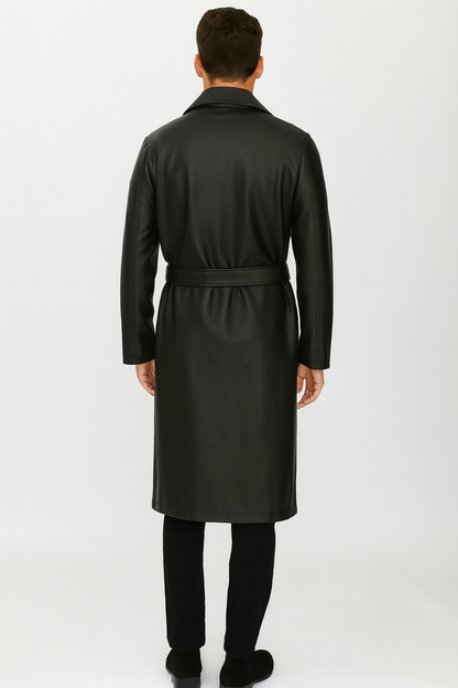 Mens Black PU Belted Trench Coat  Long Leather Look Overcoat Full length