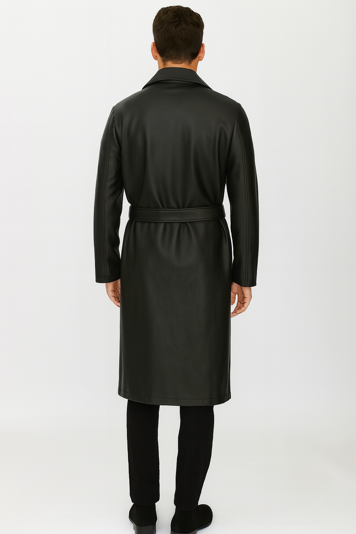 Mens Black PU Belted Trench Coat  Long Leather Look Overcoat Full length
