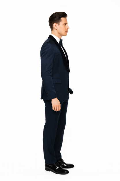 Mens Navy Blue Jacquard Tuxedo with Black Velvet Shawl Lapel  3 Piece Formal Suit with Bow Tie