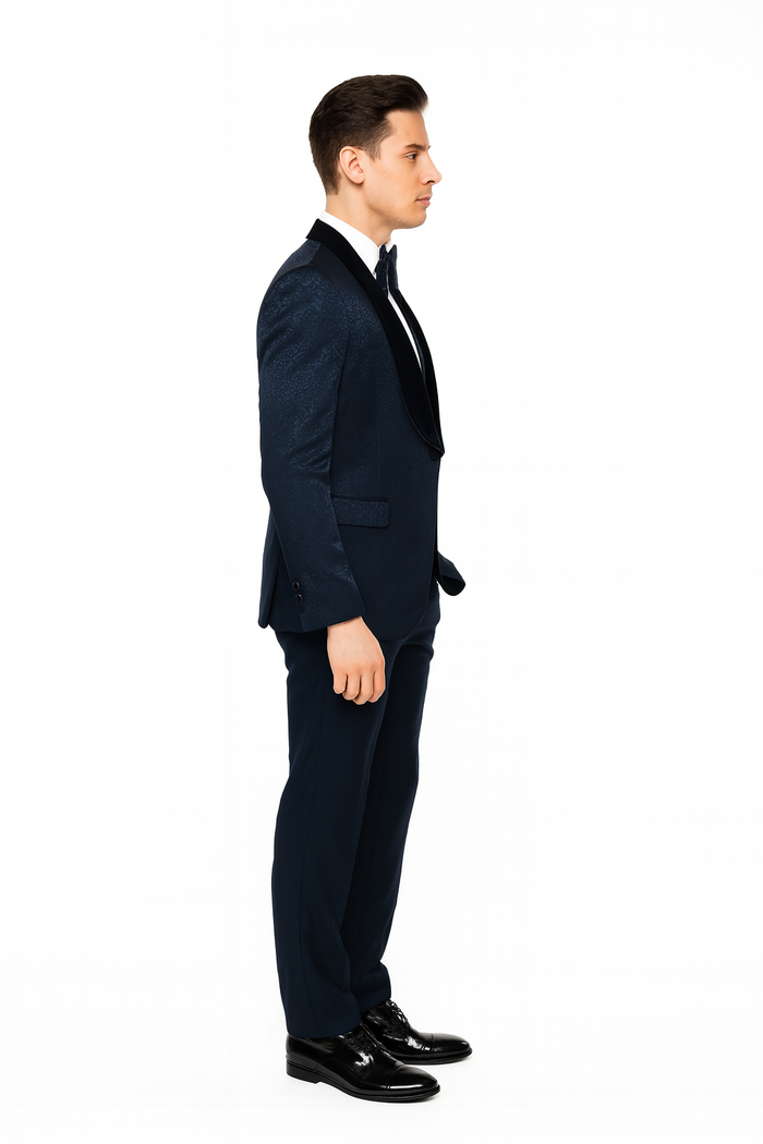 Mens Navy Blue Jacquard Tuxedo with Black Velvet Shawl Lapel  3 Piece Formal Suit with Bow Tie