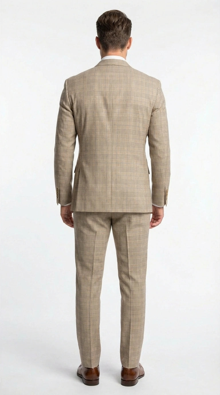 Vinci Men’s Beige Plaid Double Breasted Suit – Classic Checkered Formal Suit Set in Tan Color Windowpane Checkered Pattern