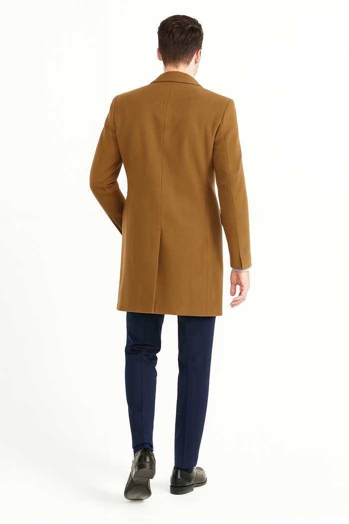 Mens Camel Brown Wool Overcoat  Classic Long Dress Coat for Business and Casual Wear in Vecuna Color