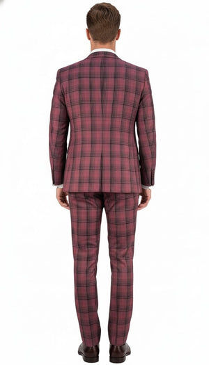 Mens Red Burgundy Plaid 3-Piece Suit  Classic Checkered Modern Fit Suit for Weddings, Church and Formal Events