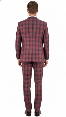 Mens Red Burgundy Plaid 3-Piece Suit – Classic Checkered Modern Fit Suit for Weddings, Church and Formal Events