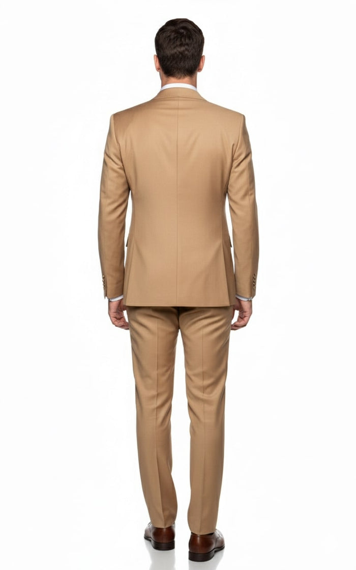 Mens Camel - Bronze - Goldish khaki Double-Breasted Suit  Luxury 2-Piece Formal Set with Gold Buttons and Peak Lapels by Rossi Man