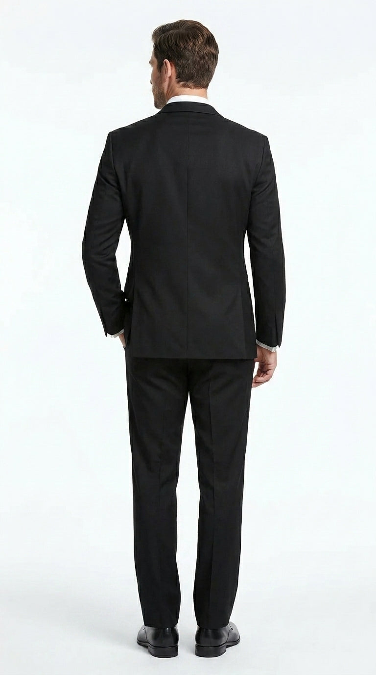 Men’s Black Designer Peak Trim Ashton Tuxedo with Satin Lapel, Formal Wedding Dinner Suit
