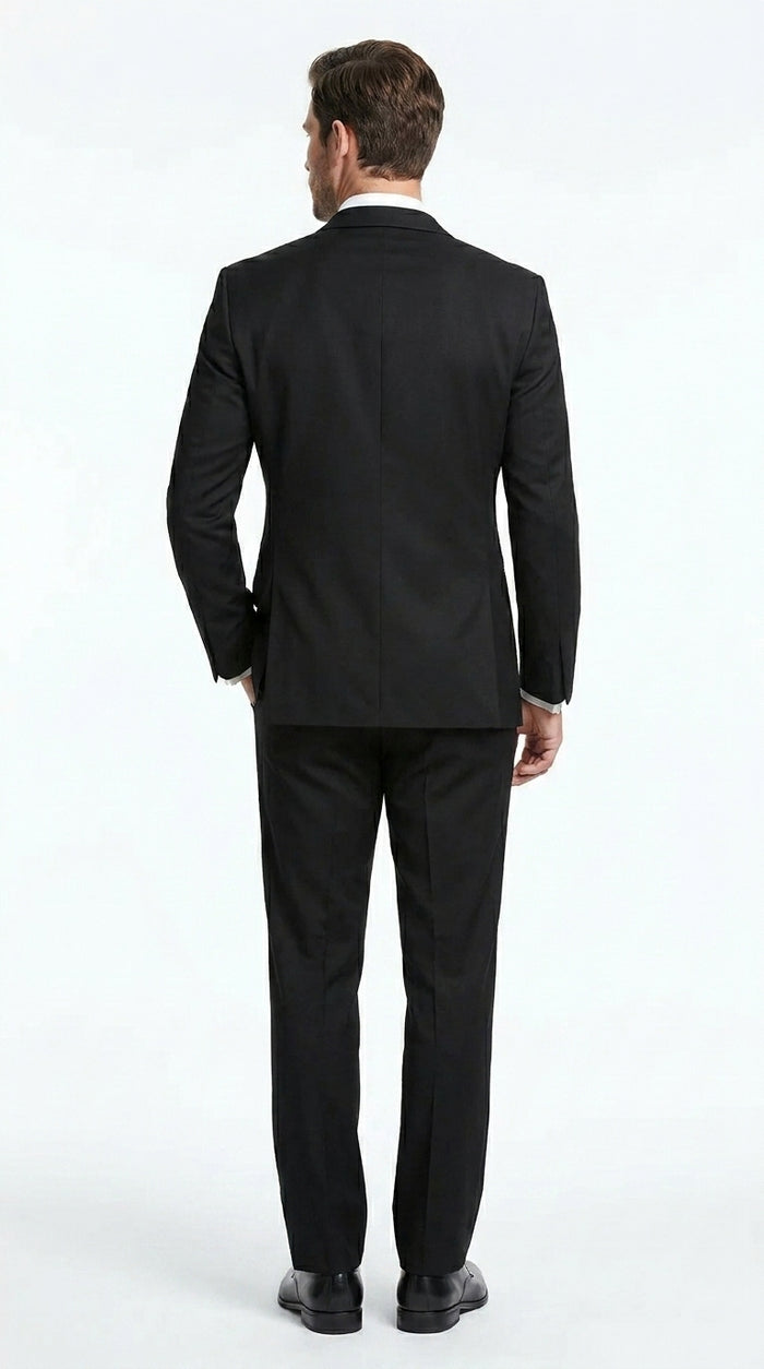 Men’s Black Designer Peak Trim Ashton Tuxedo with Satin Lapel, Formal Wedding Dinner Suit